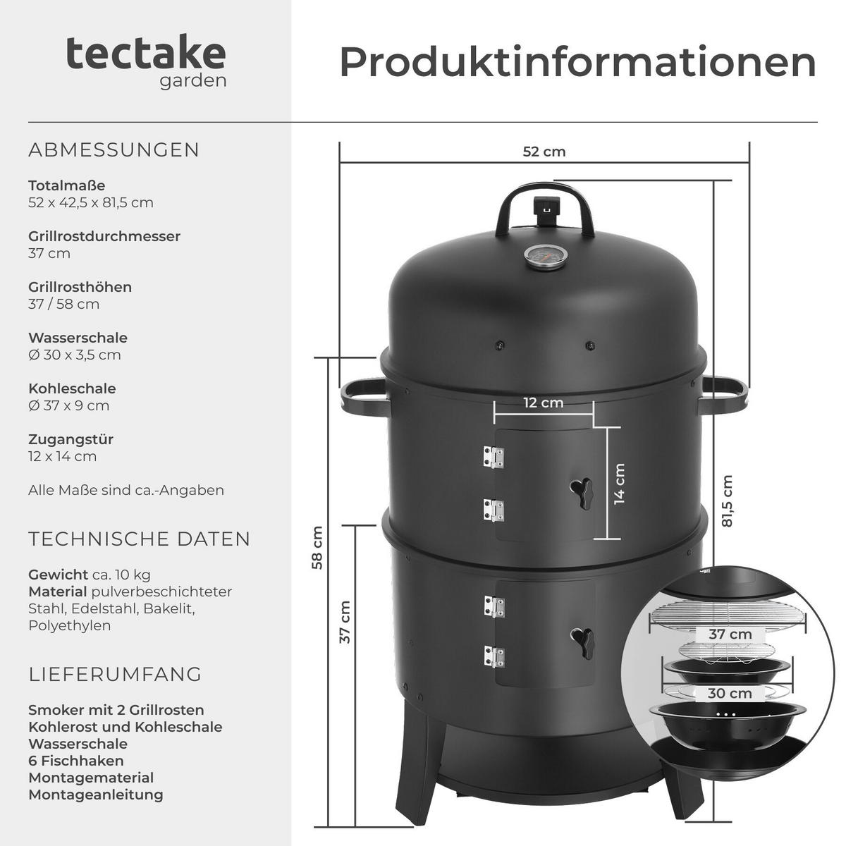 RÄUCHERTONNE , Ø 41 cm, schwarz - Schwarz, Textil (52/81.5/42.5cm) - tectake