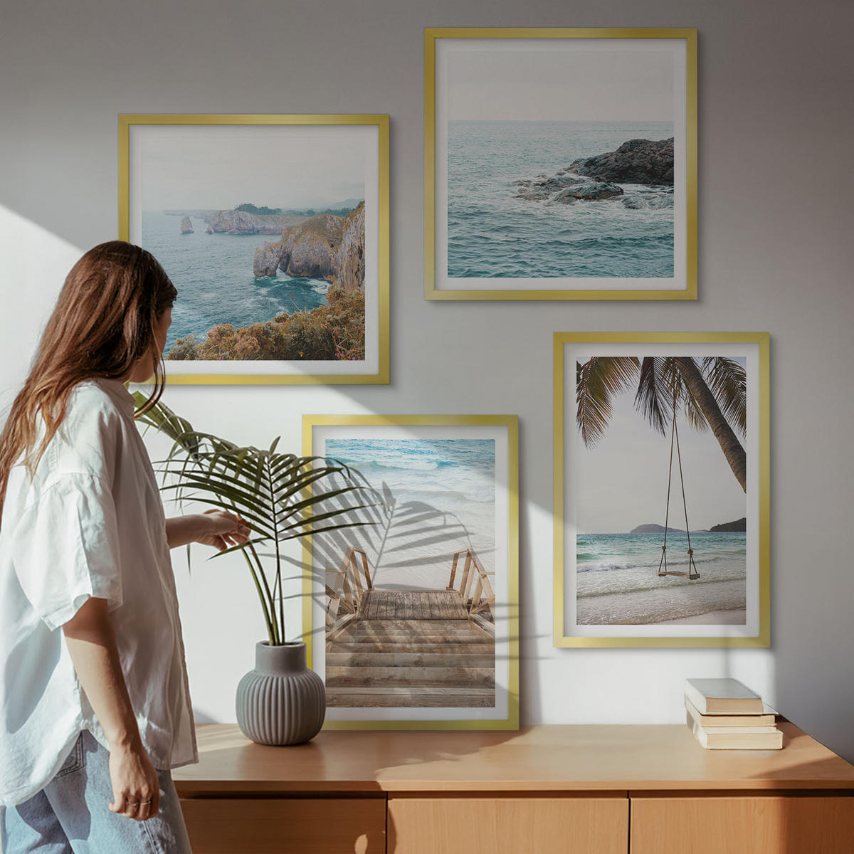 BILDER SET 4er Set - 50x50 cm & 40x60 cm Goldrahmen - Treppe, Strand, Meerblick, Schaukel - Goldfarben, Kunststoff (50/50cm) - TULUP