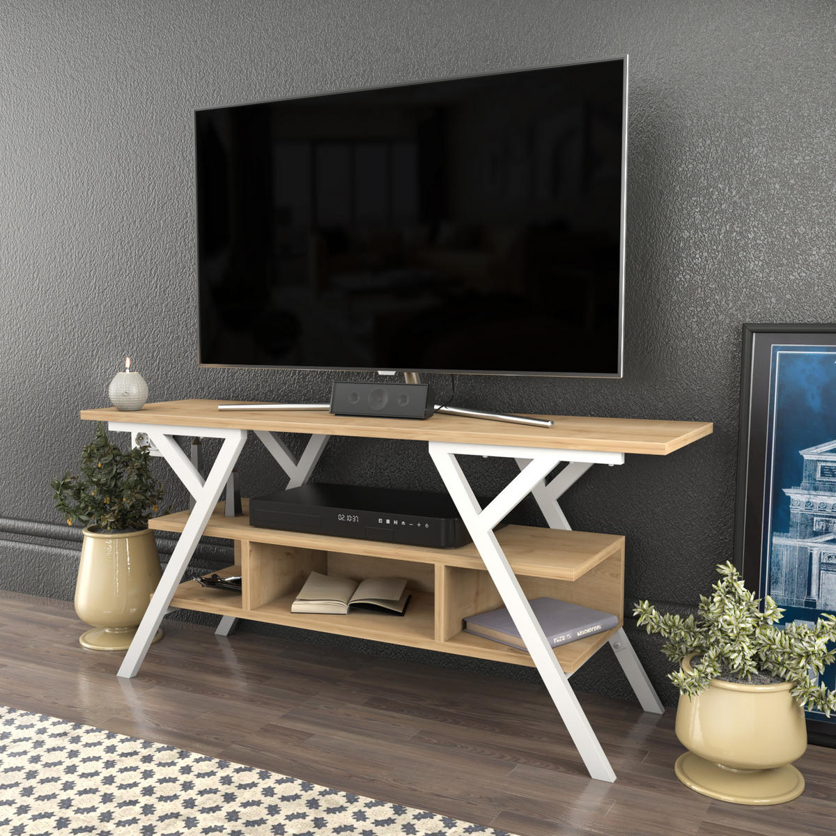 TV Stand Minerva Weiß Eiche - Eichefarben/Weiß, Holzwerkstoff (120/55/35cm) - Decorotika