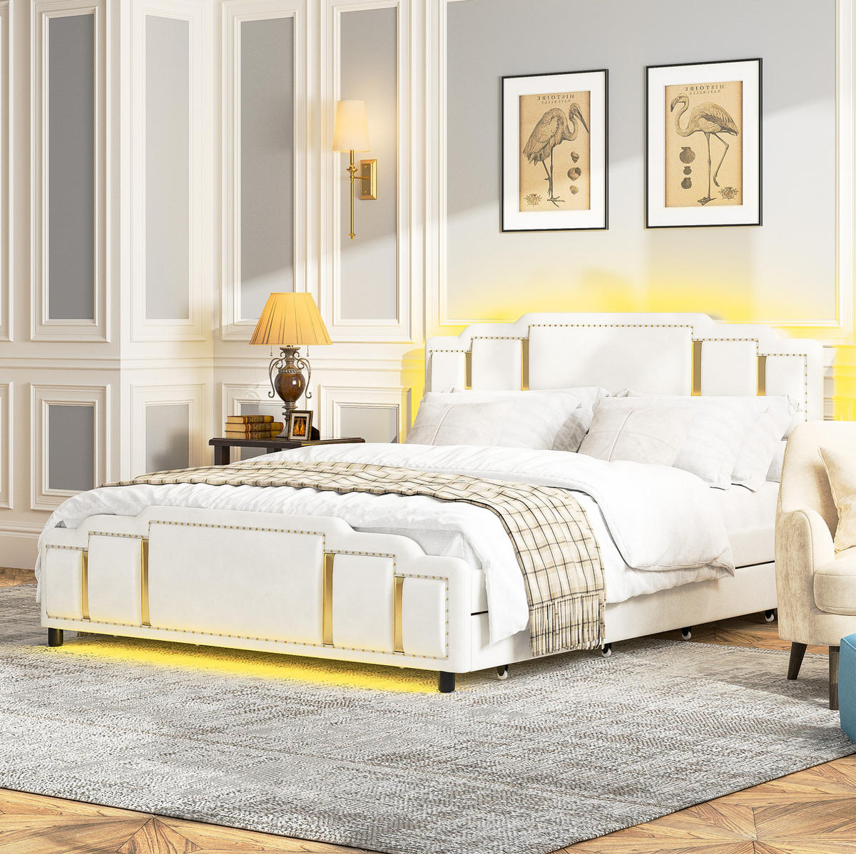 POLSTERBETT 140/200 cm aus Samt mit LED-Beleuchtung und 4 Schubladen Beige - Beige, Textil (140/200cm) - Modenvie