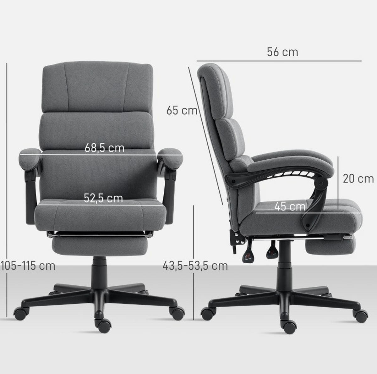 BÜROSTUHL in Dunkelgrau 56x68,5x115 cm mit verstellbarer Rückenlehne und Fußstütze - Dunkelgrau, Metall (68.5/115/56cm) - IVMEU