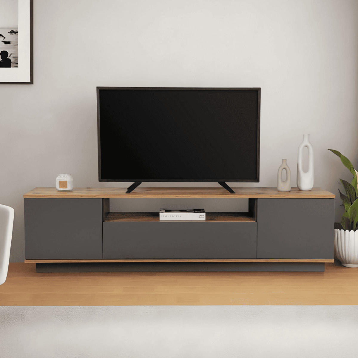 TV furniture with 3 folding doors and 1 niche, L180 cm - Grau, Holzwerkstoff (44.5/44.6/12cm) - Calicosy