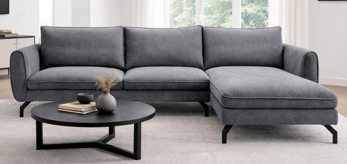 SOFA grau Webstoff 259 x 167 cm, Ecksofa 5-Sitzer, L-Sofa Ottomane rechts - Schwarz/Grau, Holz/Textil (259/167cm) - Inn.Furn