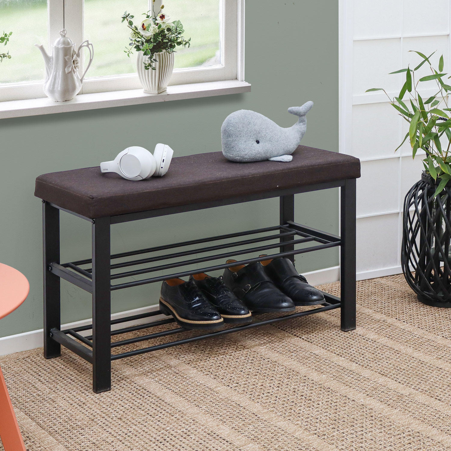 SCHUHBANK mit Polster - 81x32x50 Schuhregal mit Sitzfläche - Garderobenbank Flur - Braun, Kunststoff (32/50/81cm) - Dunedesign