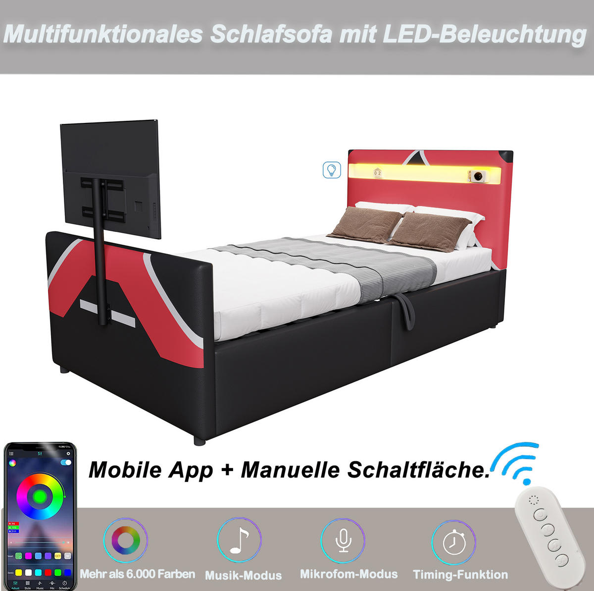 KINDERBETT 90/200 cm gepolstert mit LED-Beleuchtung, TV-Halterung und hydraulischem Stauraum, Schwarz - Schwarz, Holzwerkstoff (90/200cm) - Redom