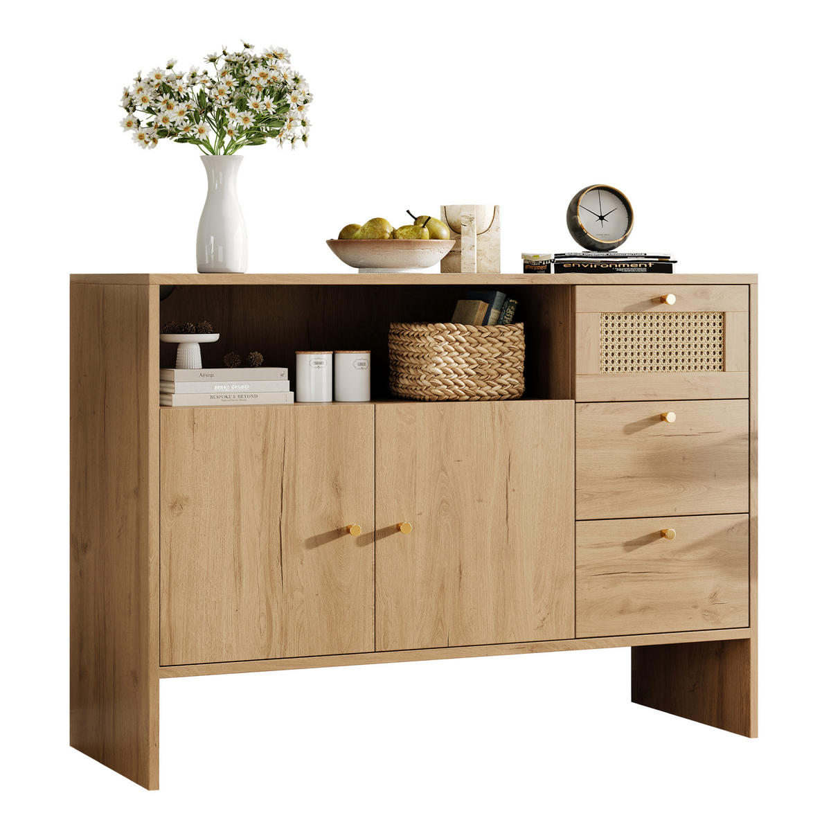 SIDEBOARD 105/40/76 cm mit 2 Türen, 3 Schubladen und offenem Fach in Rattan-Optik aus Spanplatte, Natur - Naturfarben, Holzwerkstoff (105/76/40cm) - Redom