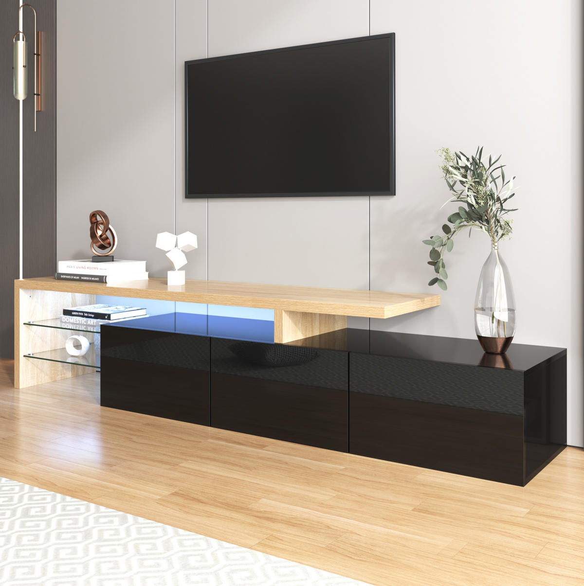 TV-SCHRANK und Glas in Schwarz Hochglanz und Holzoptik mit LED 197.5/39/42 cm - Schwarz, Holzwerkstoff (197.5/42/39cm) - Redom