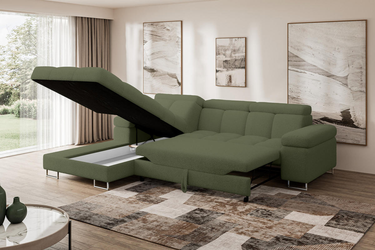ECKSOFA mit Schlaffunktion Ottomane Links COMA L 271x203x79 Grün Bouclé - Smaragdgrün, Holzwerkstoff/Textil (271/203cm) - ALTDECOR