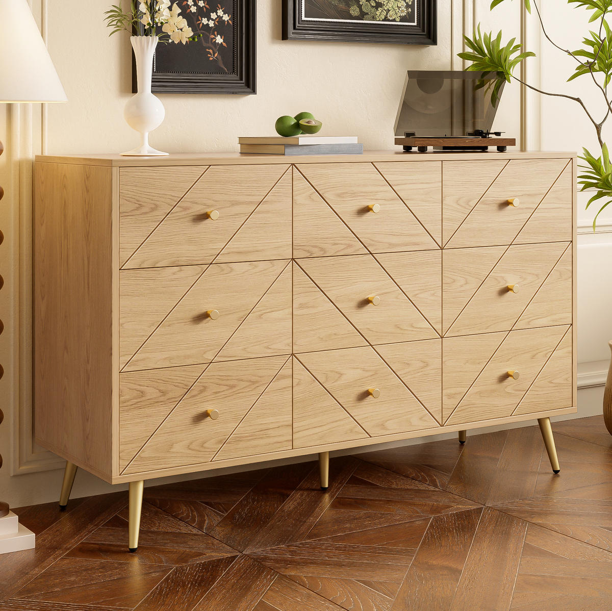 KOMMODE aus Spanplatte 120x39x80 cm Natur mit 9 Schubladen und Eisenbeinen - Naturfarben, Holzwerkstoff (39/80/120cm) - IVMEU