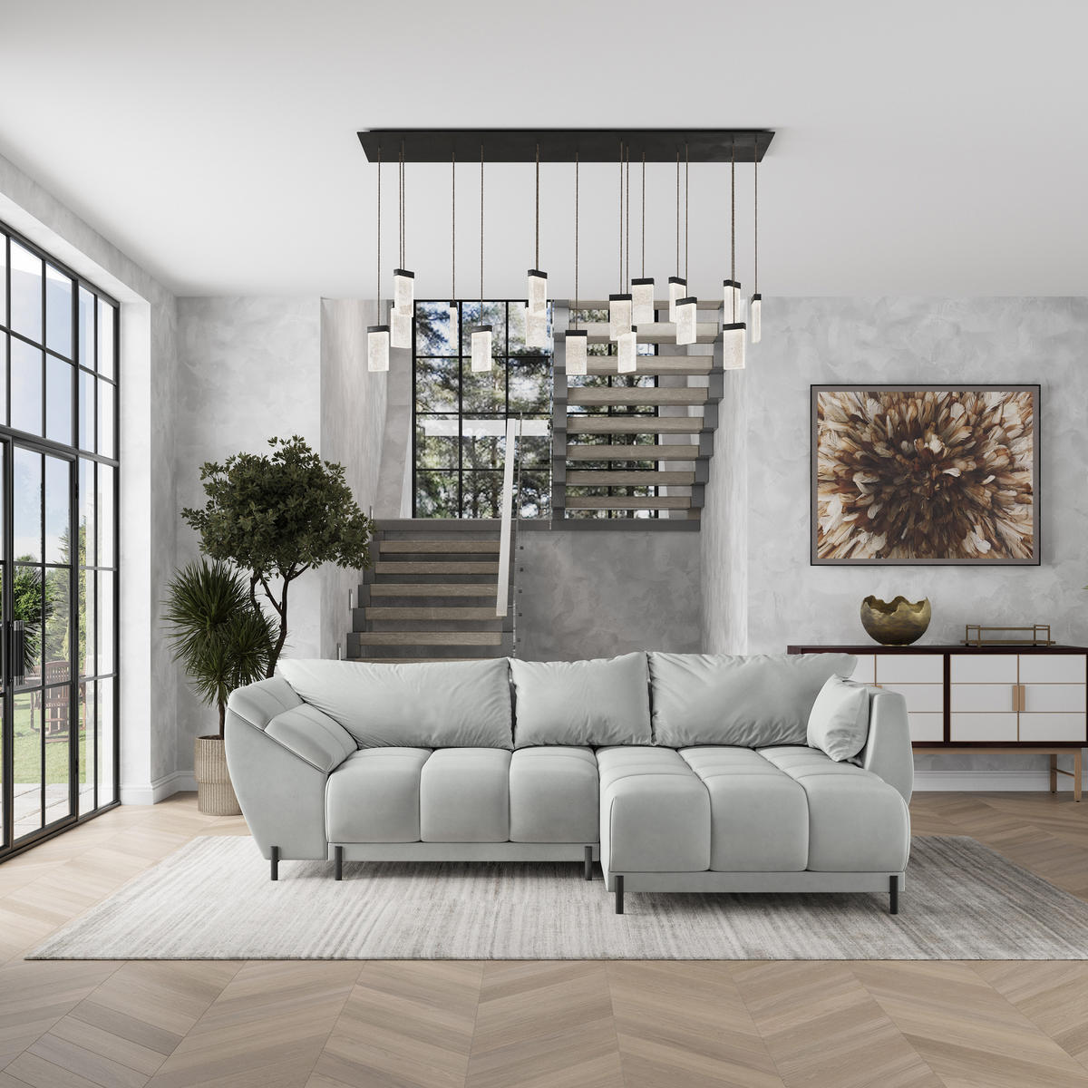 ECKSOFA VESTANO R-S Hellgrau Velours-Stoff mit Schlaffunktion - Hellgrau, Holz (287/182cm) - MASSENO