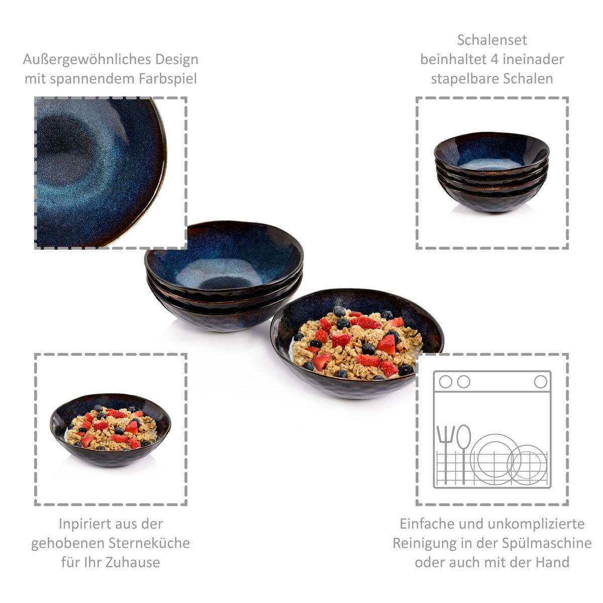 SCHALEN SET TOKIO - 4 teilig aus Steingut - Dunkelblau, Keramik (18cm) - Sänger
