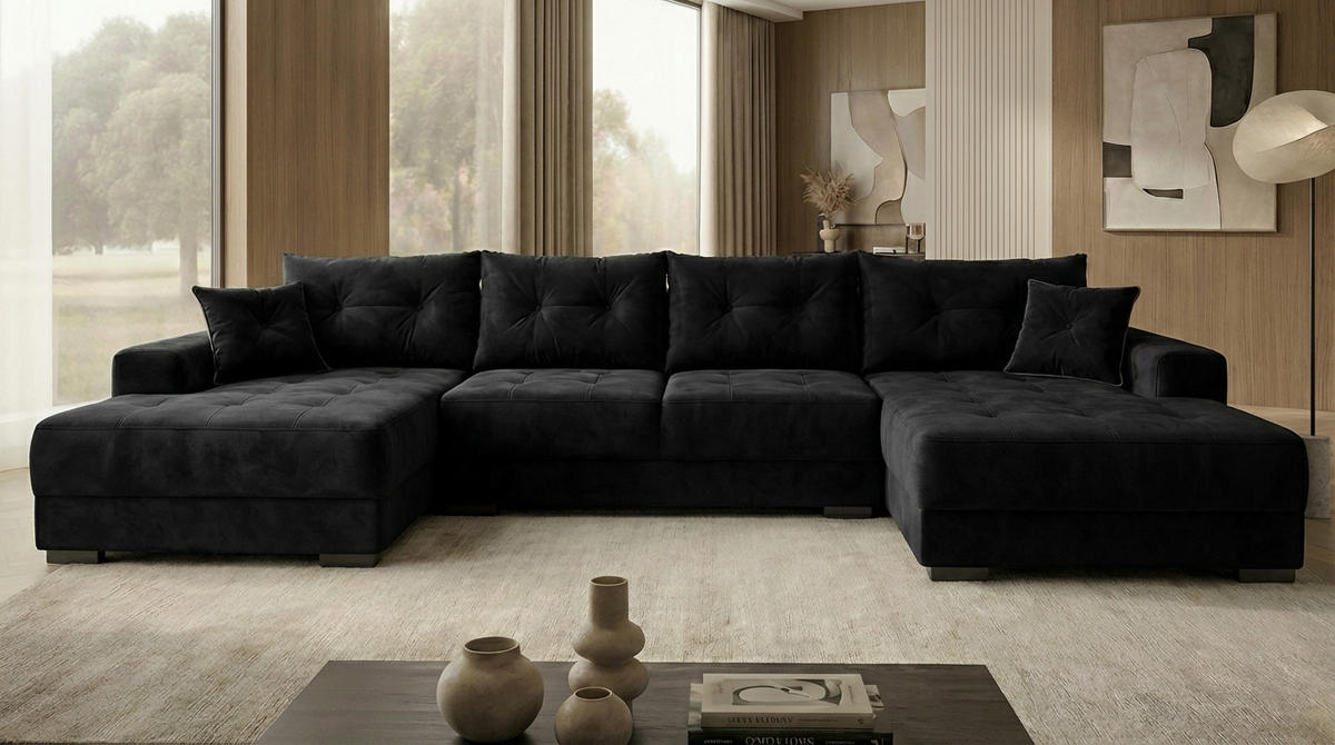 ECKSOFA MODENA 320 cm x 185 cm – Stoff: CASABLANCA Schwarz 16 Farbe: Schwarz - Schwarz, Textil (320/185cm) - A&J MöbelLand