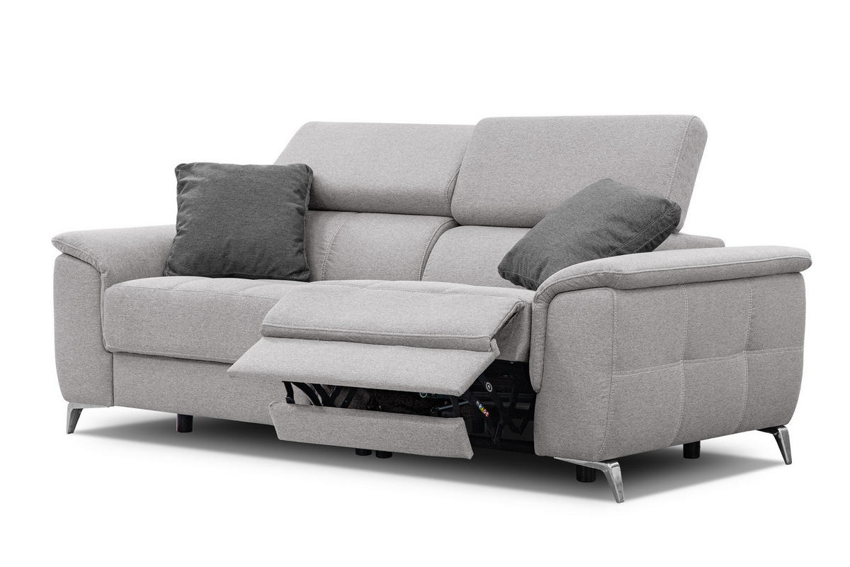 SOFA PLAUEN 3-Sitzer mit 2 Relaxfunktionen, hellgrau - Silberfarben/Hellgrau, Holzwerkstoff/Textil (214/83/105cm) - Courtois Laville