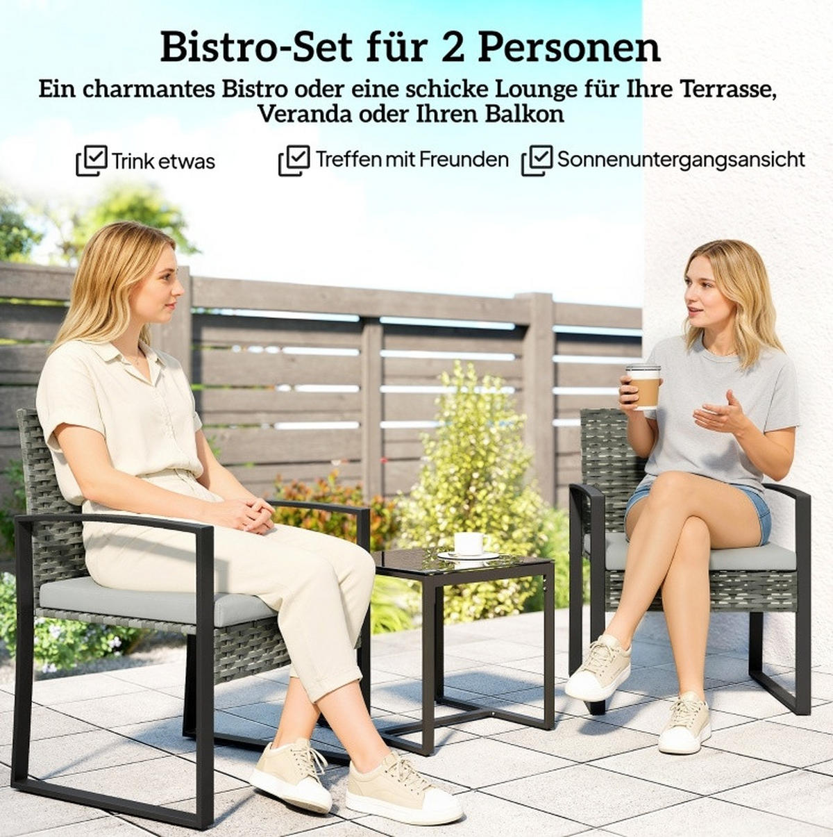 BALKONSET 55/58/76 cm hellgrau aus Stahl mit 2 Sesseln und Tisch - Hellgrau, Metall - OKWISH