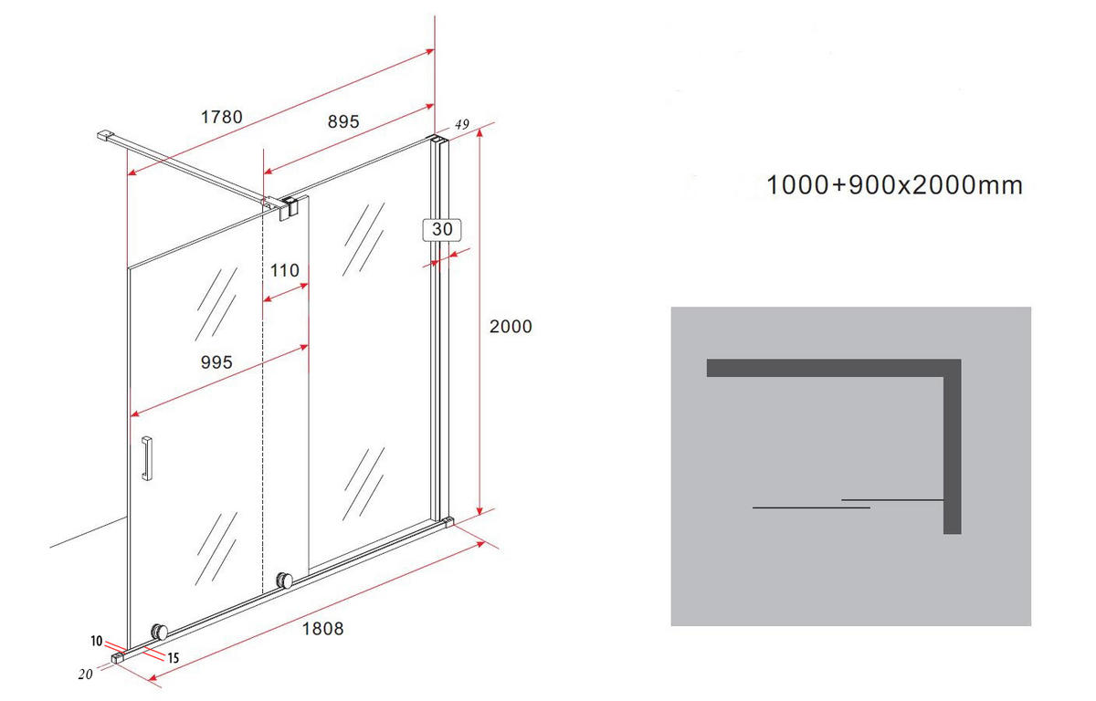 SCHIEBETÜR-DUSCHWAND TRAVERSO Klar 180 x 200 cm 8 mm ESG - Klar, Glas (180/200cm) - Glasdeals