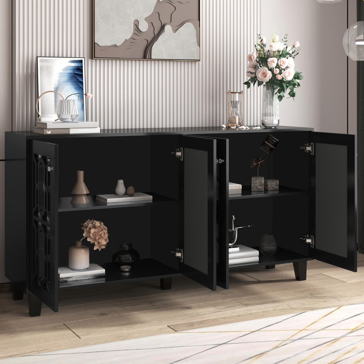 SIDEBOARD Anrichte mit 4 Türen und verstellbaren Einlegeböden mit Spiegeloberfläche Schwarz - Schwarz, Glas/Holzwerkstoff (160/84/40cm) - EVRYAE