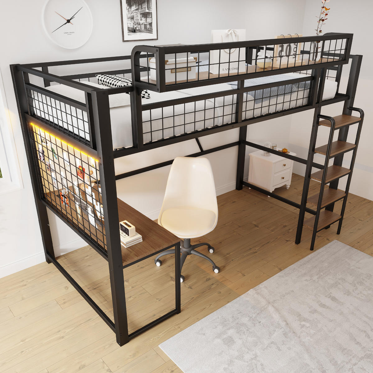 HOCHBETT 90/200 cm in Schwarz mit Schreibtisch, Ablagekorb, LED und Steckdose Metall-Design - Schwarz, Holzwerkstoff/Metall (90/200cm) - STILVORA