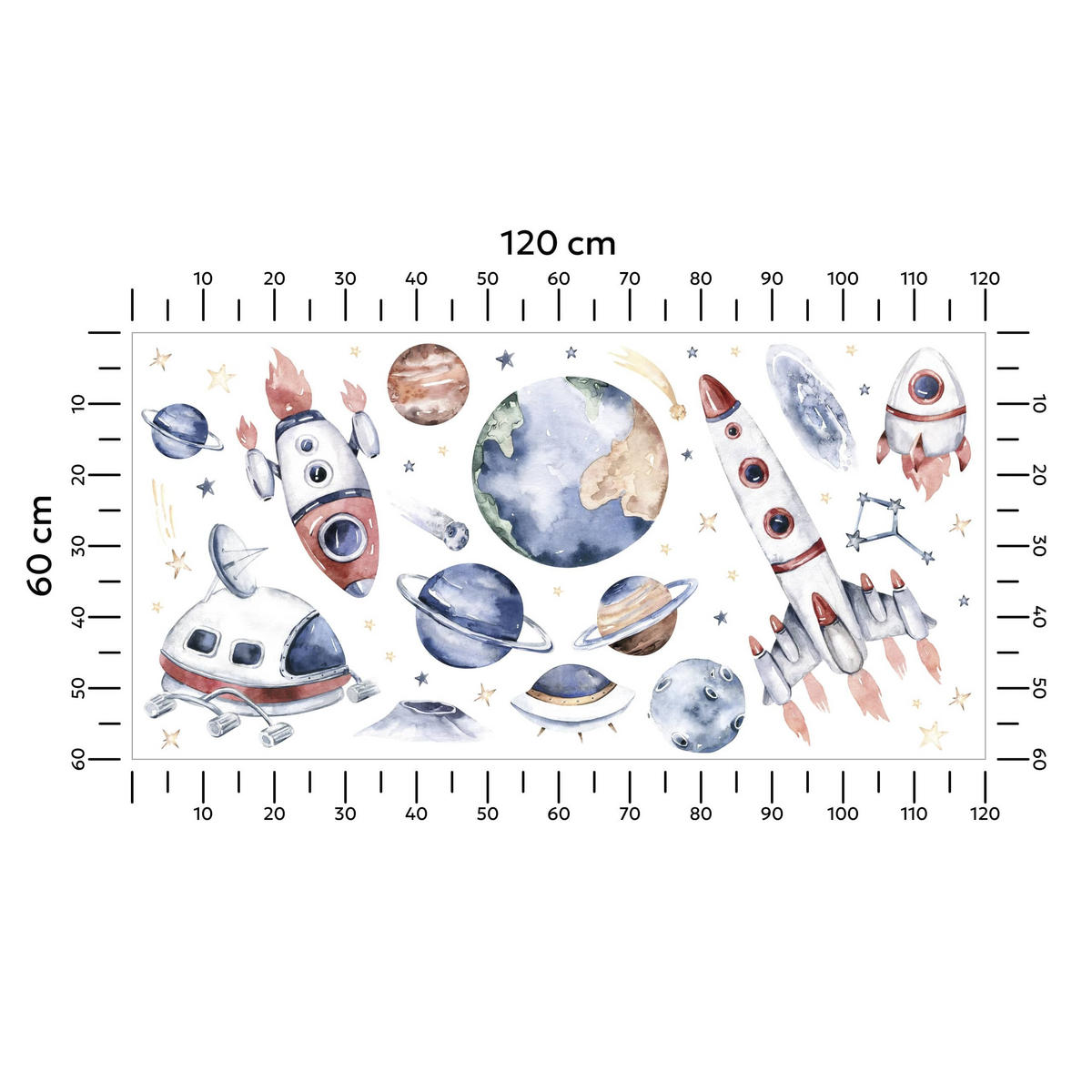 AUFKLEBER SET Weltraumraketen Sternen Planeten 120x60 - Gelb/Beige, Papier (120/60/1cm) - Muralo