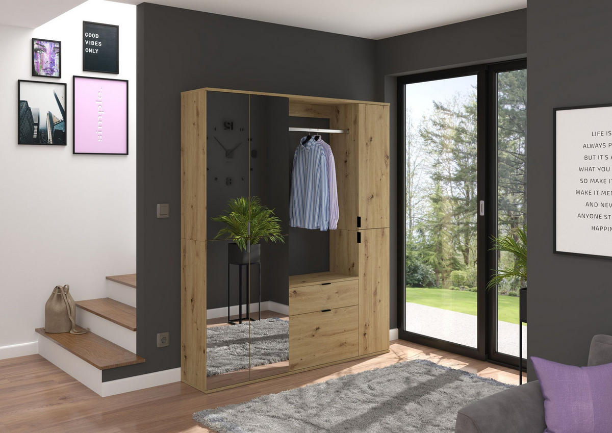 KOMMODE + Garderobenstange Projekt X Garderobe in Artisan Eiche Nachbildung B/H/T: 61x62x34 cm - Eiche Artisan, Holzwerkstoff (60/61/34cm)