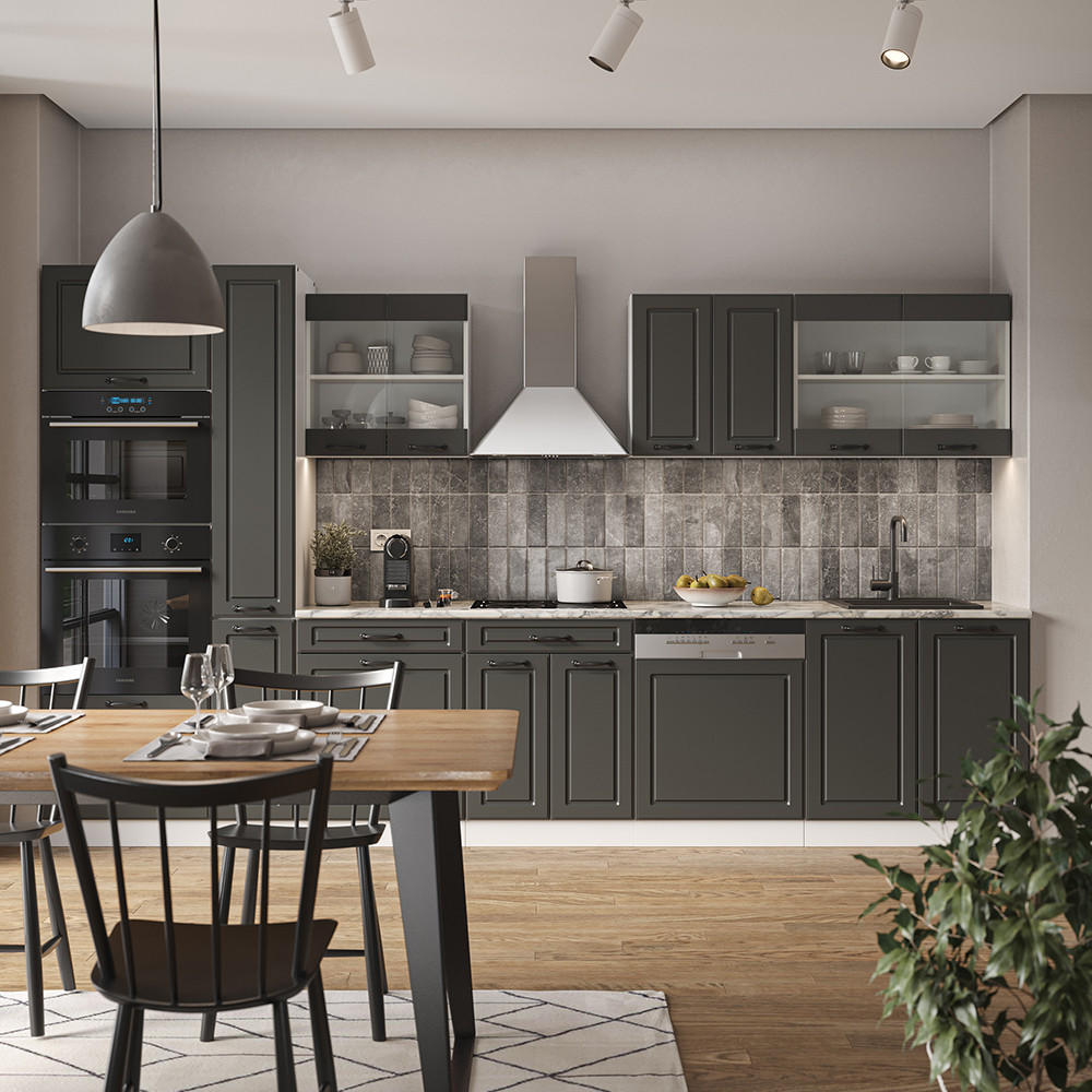 KÜCHENZEILE R-Line Anthrazit Landhaus/Weiß 350 cm mit Hochschrank ohne AP - Anthrazit/Weiß, Holzwerkstoff (350/81.6/46cm) - Vicco