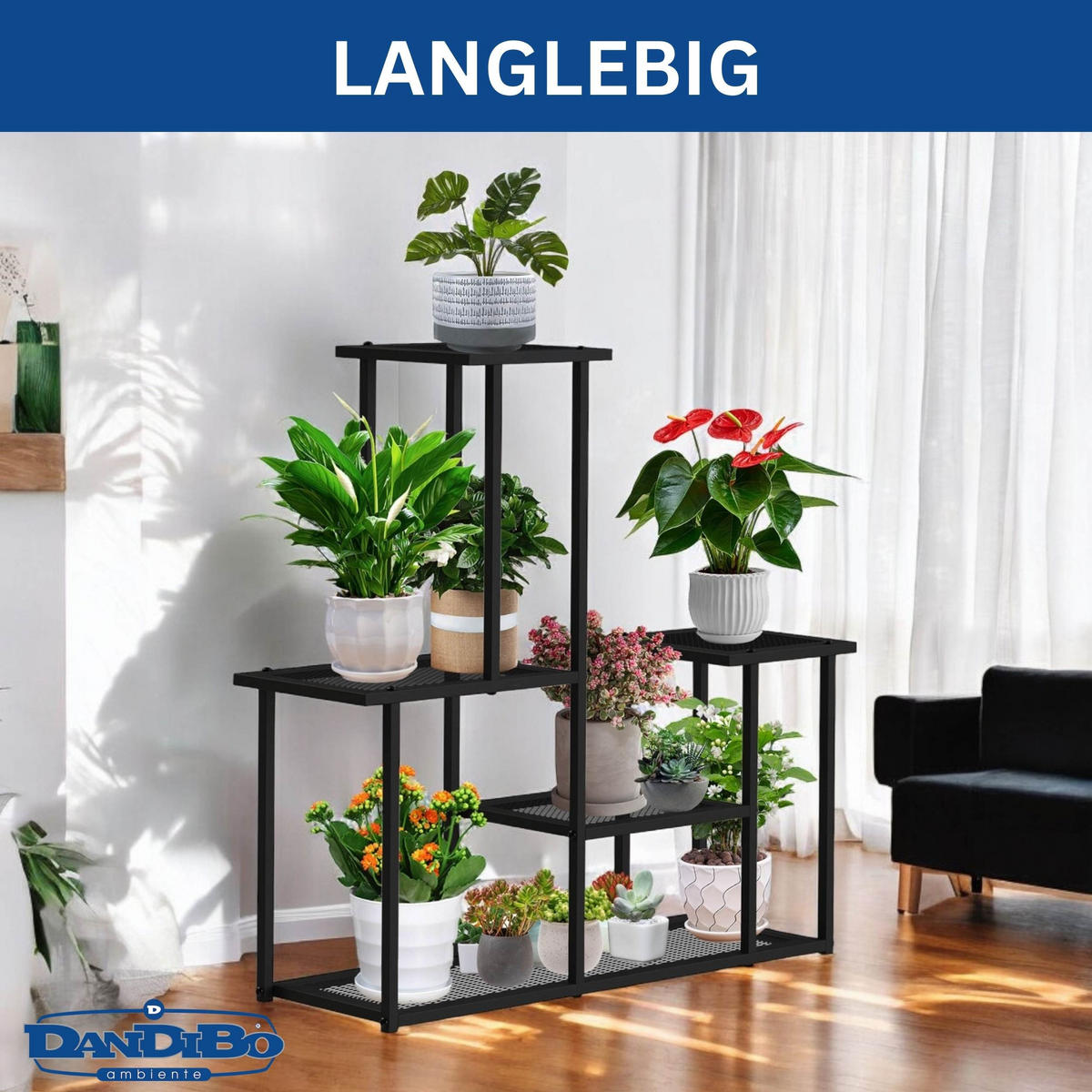 DANDIBO Blumenregal indoor Metall Schwarz 4 Ebenen 96579 Blumentreppe Modern Pflanzentreppe Design Pflanzenregal - Schwarz, Metall (77/82/25cm) - DanDiBo