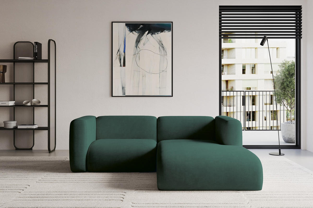 ECKSOFA Ottomane Rechts MIRA-L1 227x179x89 Grün Velours - Dunkelgrün/Schwarz, Holzwerkstoff/Kunststoff (227/179cm) - ALTDECOR
