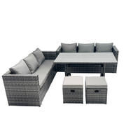 LOUNGEGARNITUR mit Fußschemel Polyrattan Dunkelgrau 8-Sitzer - Dunkelgrau/Grau, Glas/Kunststoff - Fimous