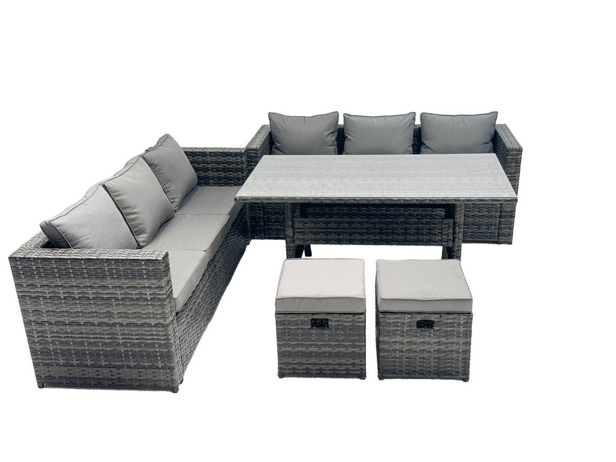 LOUNGEGARNITUR mit Fußschemel Polyrattan Dunkelgrau 8-Sitzer - Dunkelgrau/Grau, Glas/Kunststoff - Fimous