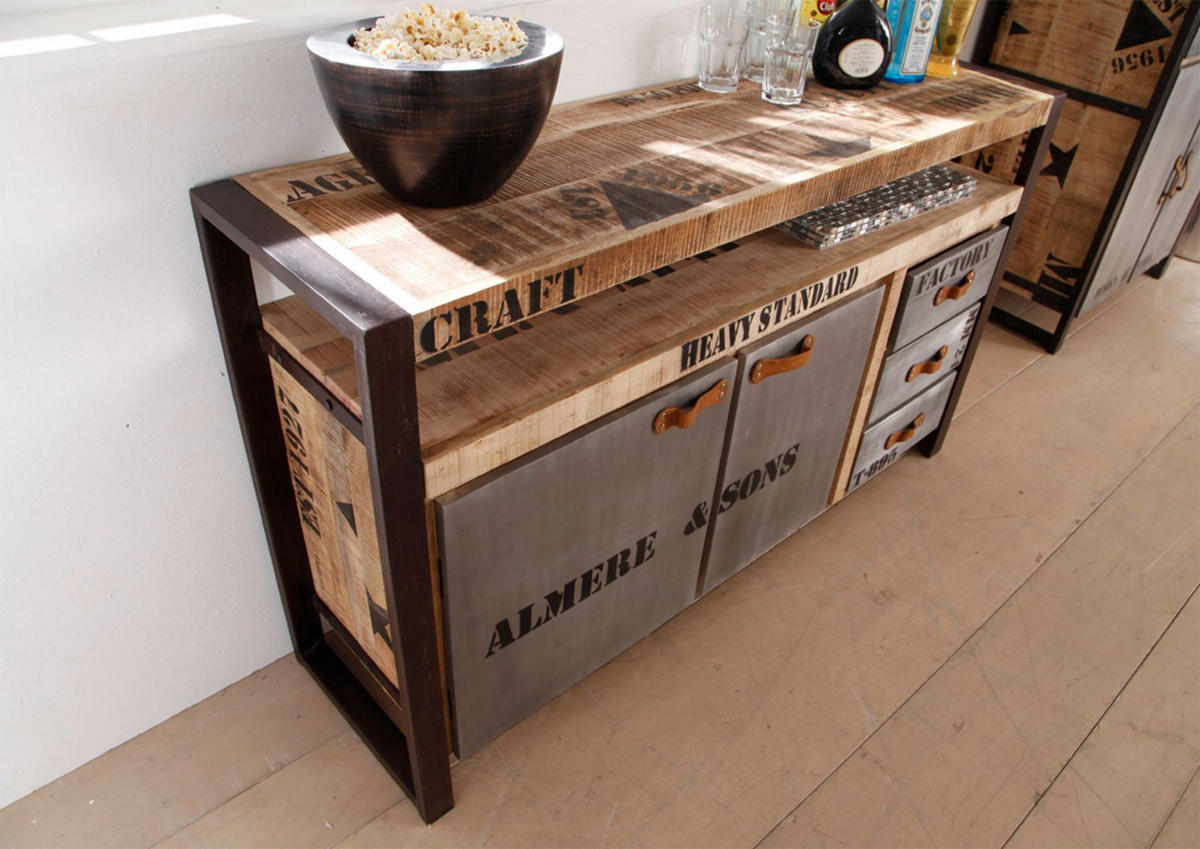 SIDEBOARD Mango 145x40x85 natur bedruckt FACTORY #143 - Braun, Holz (145/85/40cm) - Massivmoebel24