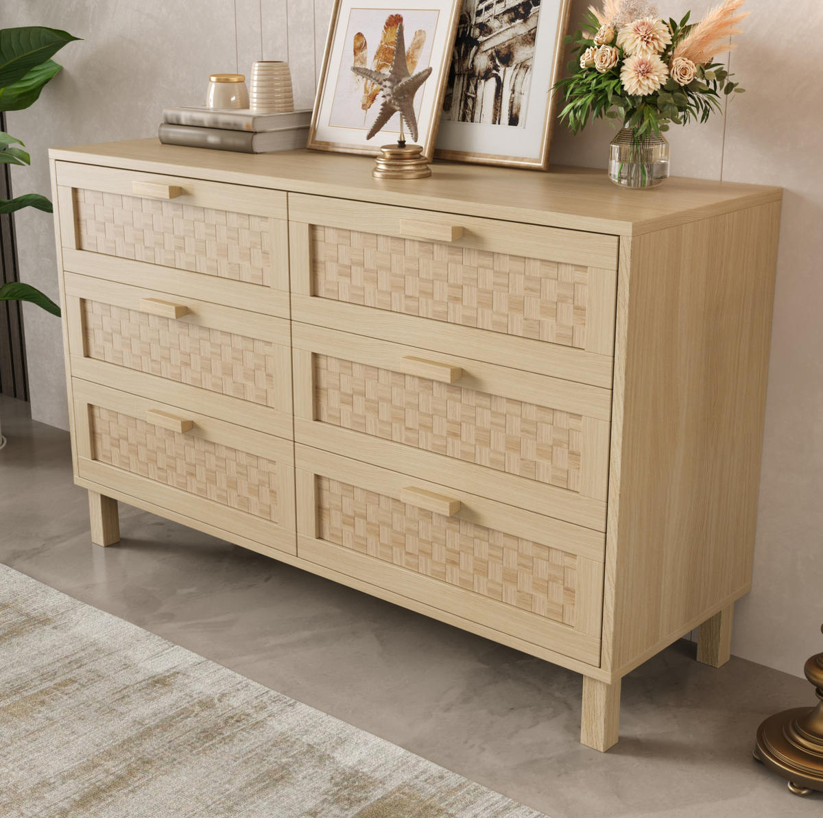 SIDEBOARD mit 6 Schubladen in Rattanoptik, 120/40/75 cm, Natur, Holzfarbe - Naturfarben, Holzwerkstoff (120/75/40cm) - Redom