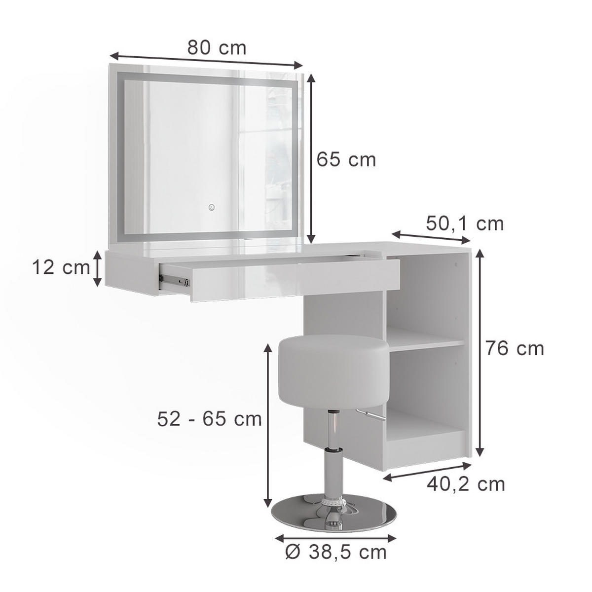 SCHMINKTISCH Sherry Weiß/Weiß Hochglanz 120 cm 4 Teile - Weiß Hochglanz, Holzwerkstoff (120/76/50.1cm) - Vicco