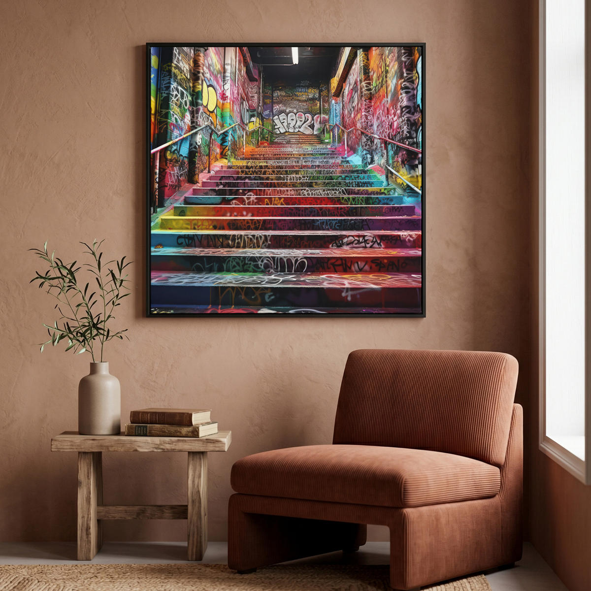 LEINWAND Bilder mit Rahmen - Treppe - Graffiti - Farben - Kunst - 90x90 - Multicolor, Textil (90/90cm) - MuchoWow
