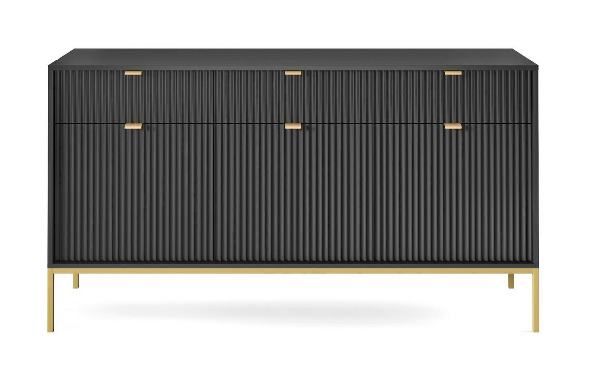 SIDEBOARD Eternas 3T 3S Schwarz 154/83/39 cm – goldene Füße, mit geriffelten Fronten - Goldfarben/Schwarz, Holzwerkstoff (154/83/39cm) - AX Living