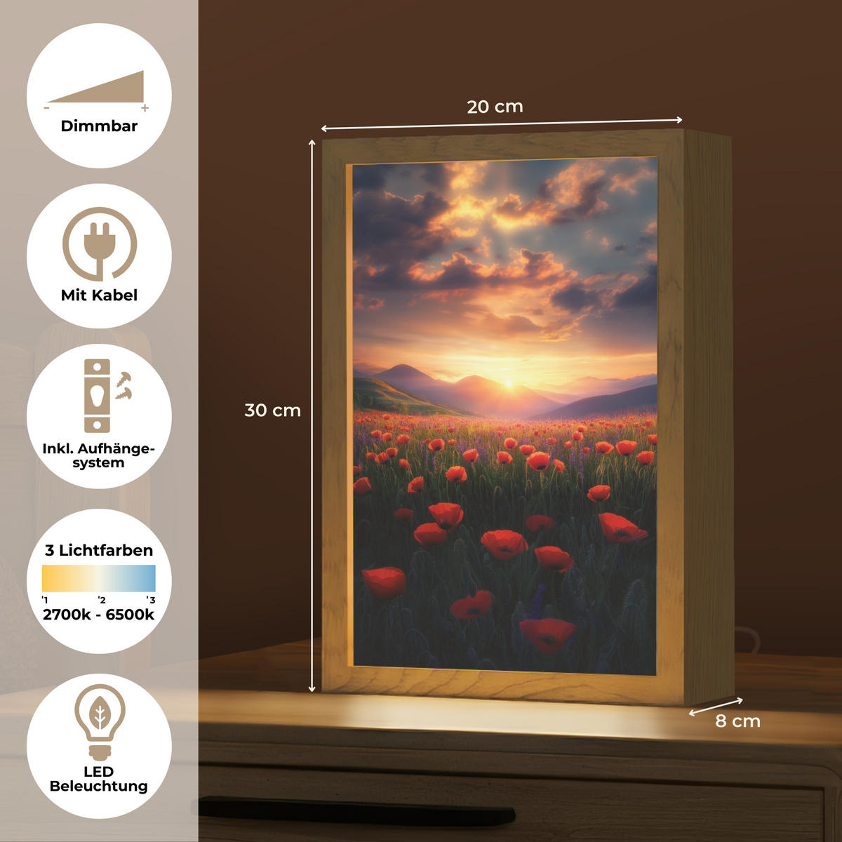 TISCHLEUCHTE Landschaft - Sonnenuntergang - Blumenfeld 20x30 cm - Dunkelblau, Holzwerkstoff (8/20/30cm) - OnlyWow