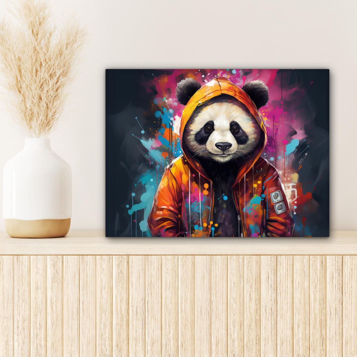 LEINWANDBILD Panda - Jacke - Graffiti - Orange 40x30 cm - Orange, Textil (40/30cm) - MuchoWow