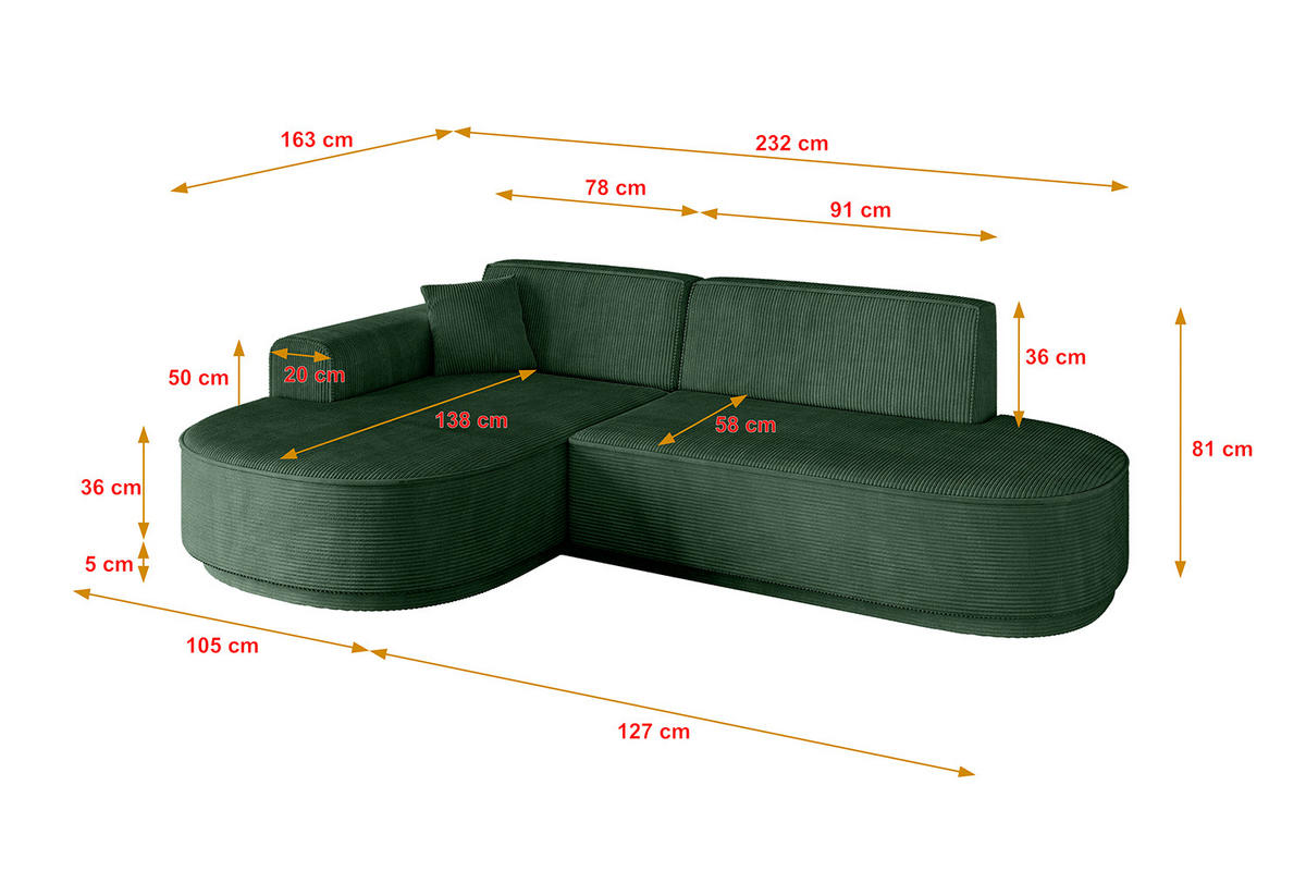ECKSOFA Ottomane Links MARI-L1-v3 - 232x163x81 cm Grün Cord - Schwarz/Grün, Holzwerkstoff/Kunststoff (232/163cm) - ALTDECOR