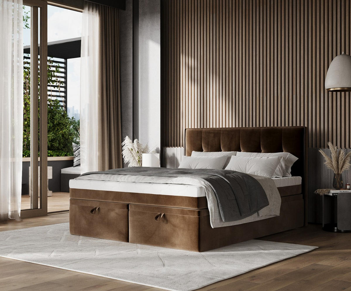 BOXBETT Arivo 140/200 cm Braun im Kronos Stoff - Schwarz/Braun, Holz/Holzwerkstoff (140/200cm) - AltaBeds