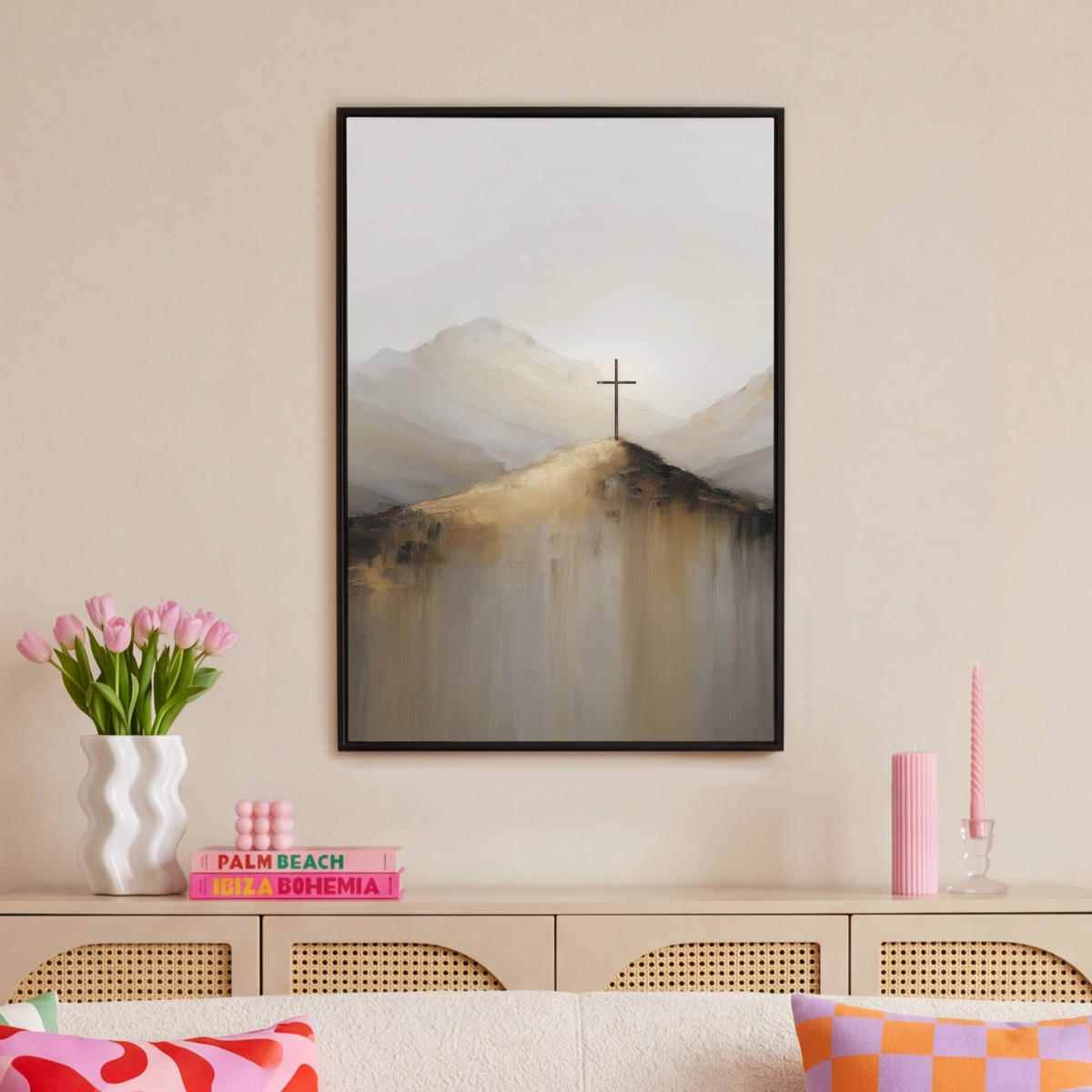LEINWAND Bilder mit Rahmen - Hügel - Abstrakt - Kreuz - Christentum - 60x90 - Beige, Textil (60/90cm) - MuchoWow