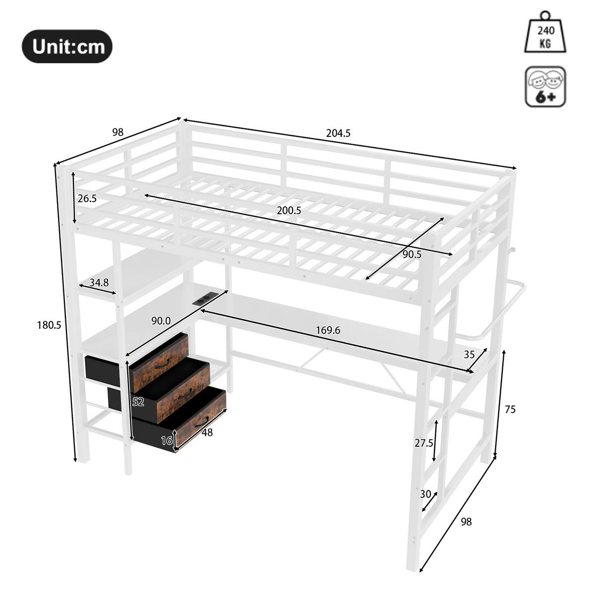 HOCHBETT 90/200 cm, Weiß mit Schreibtisch, Ambientelicht, 3 Schubladen - Weiß, Metall (90/200cm) - MIVRAY