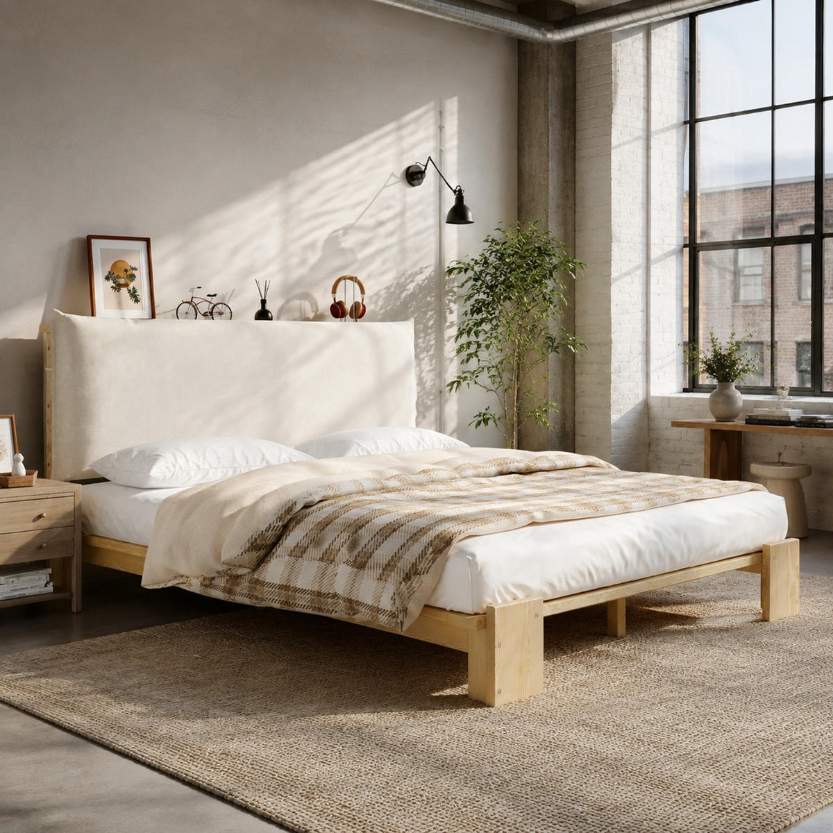 POLSTERBETT 140/200 mit gepolsterter Rückenlehne, stabilen Lattenrosten und breiten Bettbeinen in Natur - Beige/Naturfarben, Holzwerkstoff/Textil (140/200cm) - EVRYAE