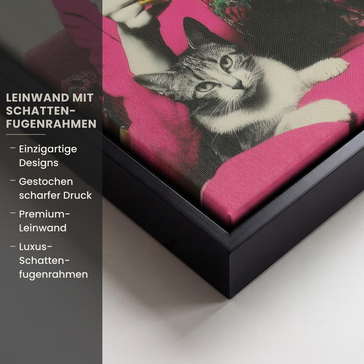 LEINWAND Bilder mit Rahmen - Frau - Katze - Blumen - Tasse - Retro - 20x30 - Magenta, Textil (20/30cm) - MuchoWow