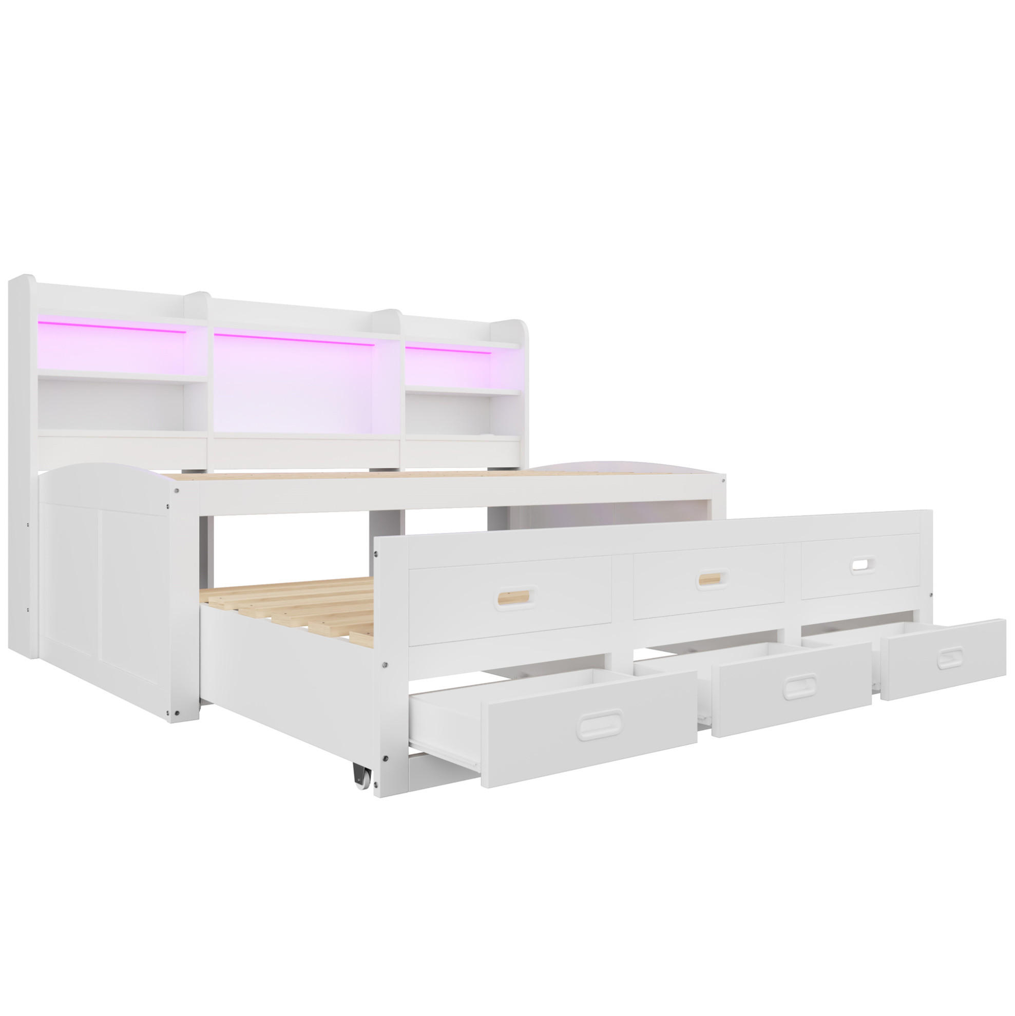 Modfu ROZKLÁDACÍ postel z dřevotřísky a MDF 90x200 cm bílá s LED osvětlením, 3 zásuvkami, USB a USB-C