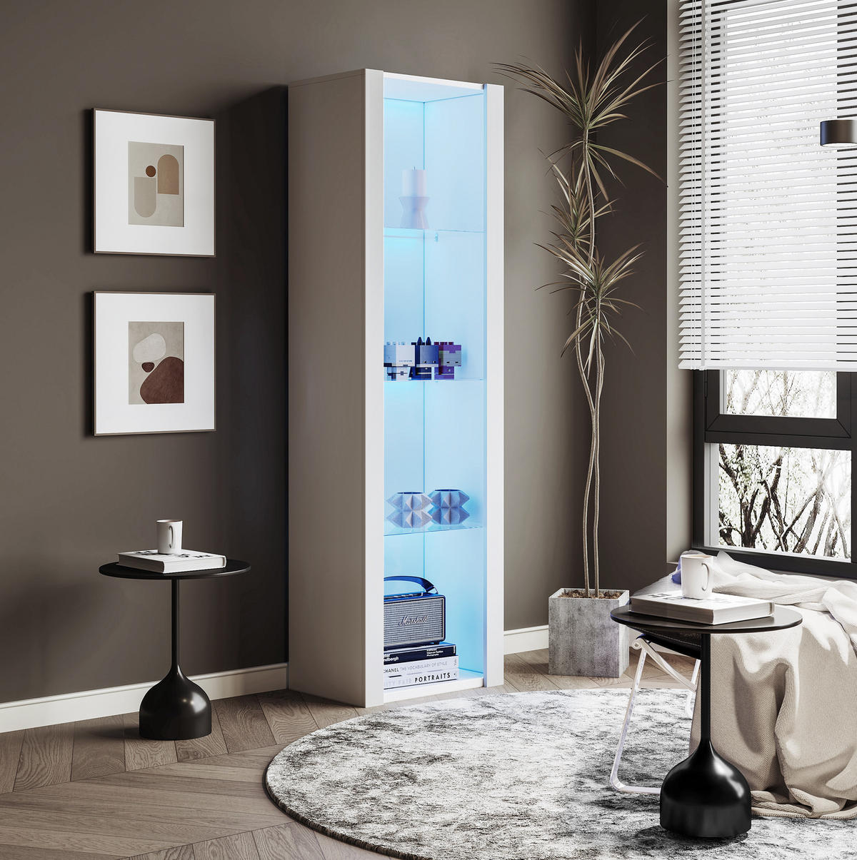 VITRINE 55/38/166 cm aus Spanplatte mit Hochglanzfront und LED-Beleuchtung Weiß - Weiß, Holzwerkstoff (55/166/38cm) - Modenvie