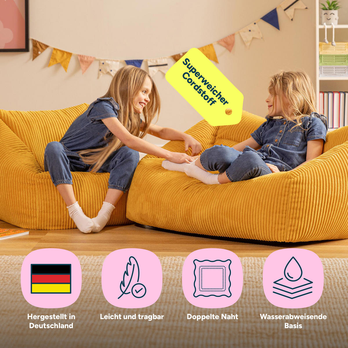 KINDERSOFA mit Sitzsack Sessel Cecilia - Gelb, Textil (140/44/55cm) - icon