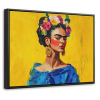 LEINWAND Bilder mit Rahmen - Frida Kahlo - Frau - Gelb - Blau - Blumen - 40x30 - Gelb, Textil (40/30cm) - MuchoWow