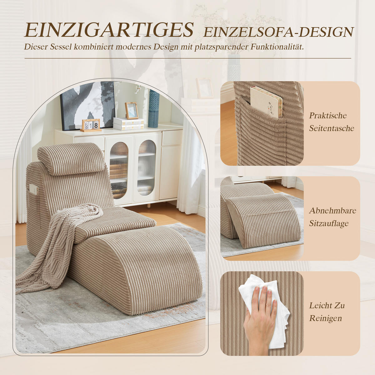 CHAISELONGUE Khaki 160/66/90 cm - Sandfarben, Textil (160/90/66cm)