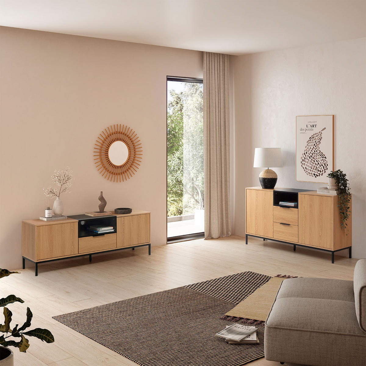 SIDEBOARD Nieve 2 türen 2 schubladen Eichenfarbe - Honigeiche, Holzwerkstoff (140/80/40cm)