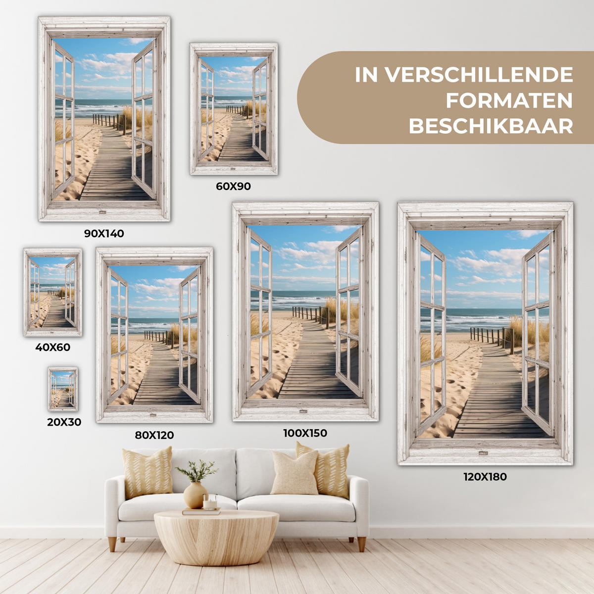 LEINWANDBILD Fenster - Meer - Küste - Natur - Ausblick - Strand - Wattenmeer Deko XXL 80x120 cm - Beige, Textil (80/120cm) - MuchoWow