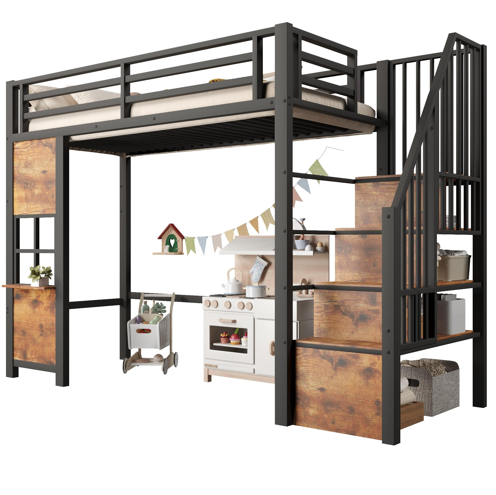 HOCHBETT 90x200 cm in Schwarz mit Stauraumtreppe und offenem Spielbereich - Schwarz, Holzwerkstoff (90/200cm) - IVMEU