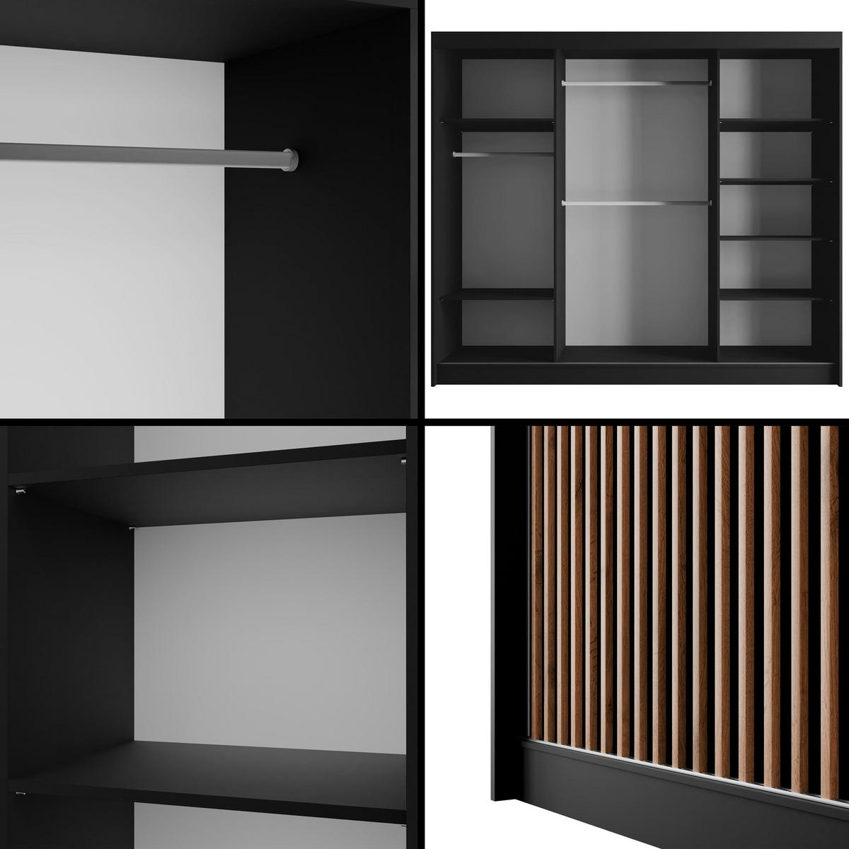 KLEIDERSCHRANK mit Lamel-Schiebetüren VILANv2 - 250 cm Schwarz + Lamelle Eiche Wotan - Eiche Wotan/Schwarz, Holzwerkstoff (250/215/61cm) - ALTDECOR